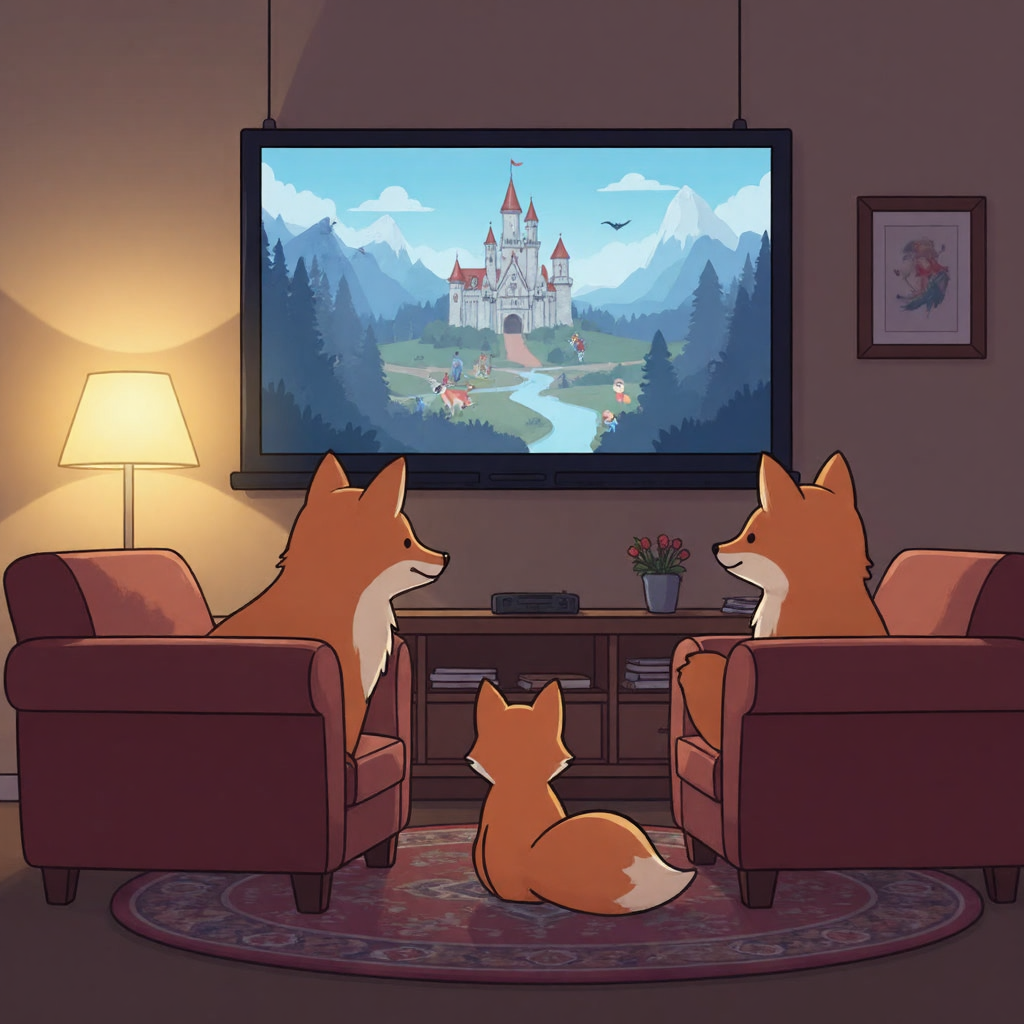 A fox family watching an AI-illustrated fantasy story on their TV