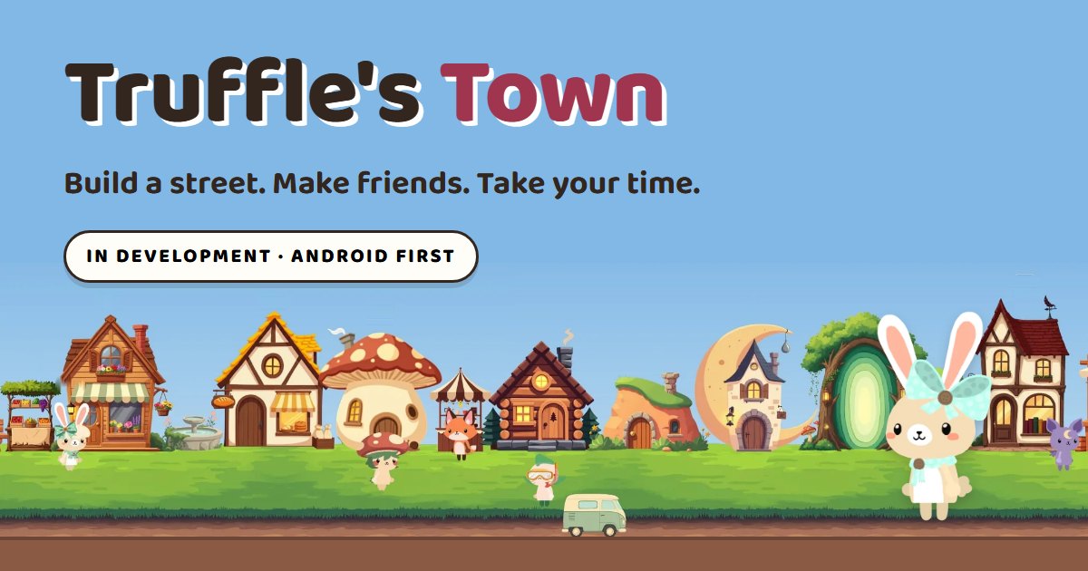 The Truffle's Town wordmark above a street of storybook houses, with Buttonz the bunny standing on the path